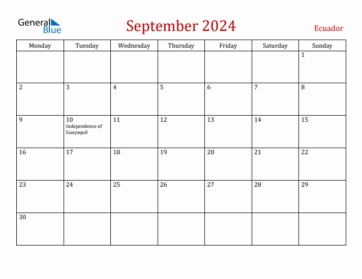 Ecuador September 2024 Calendar - Monday Start
