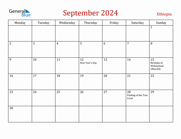Ethiopia September 2024 Calendar - Monday Start