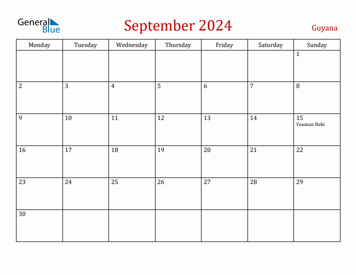 Guyana September 2024 Calendar - Monday Start