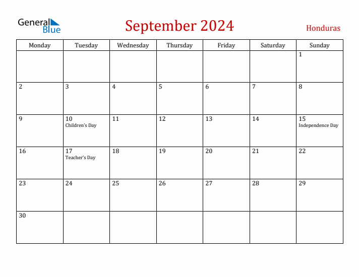 Honduras September 2024 Calendar - Monday Start