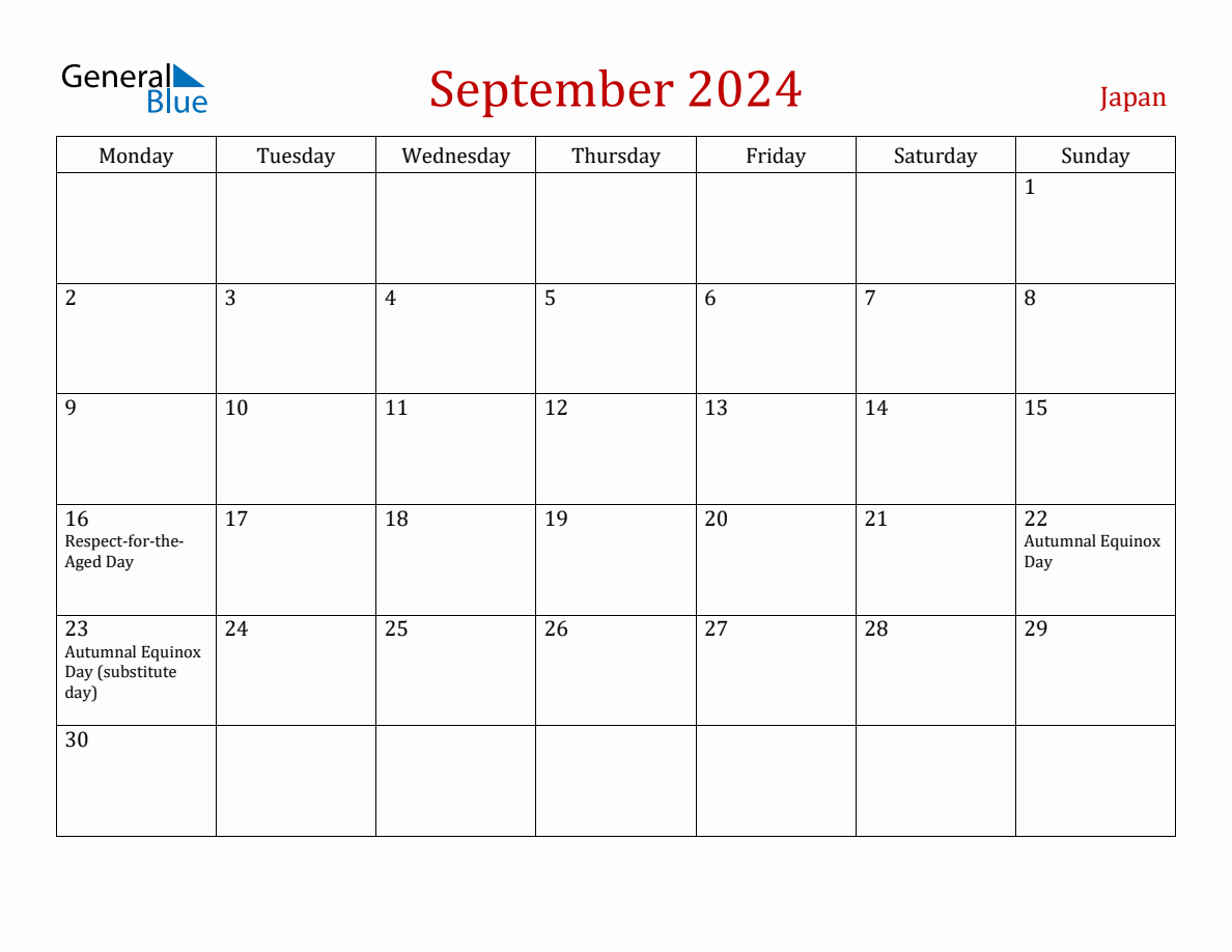 September 2024 Japan Monthly Calendar with Holidays