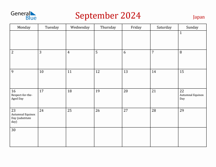 Japan September 2024 Calendar - Monday Start