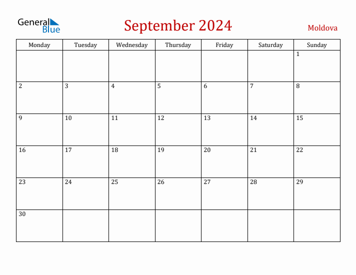 Moldova September 2024 Calendar - Monday Start