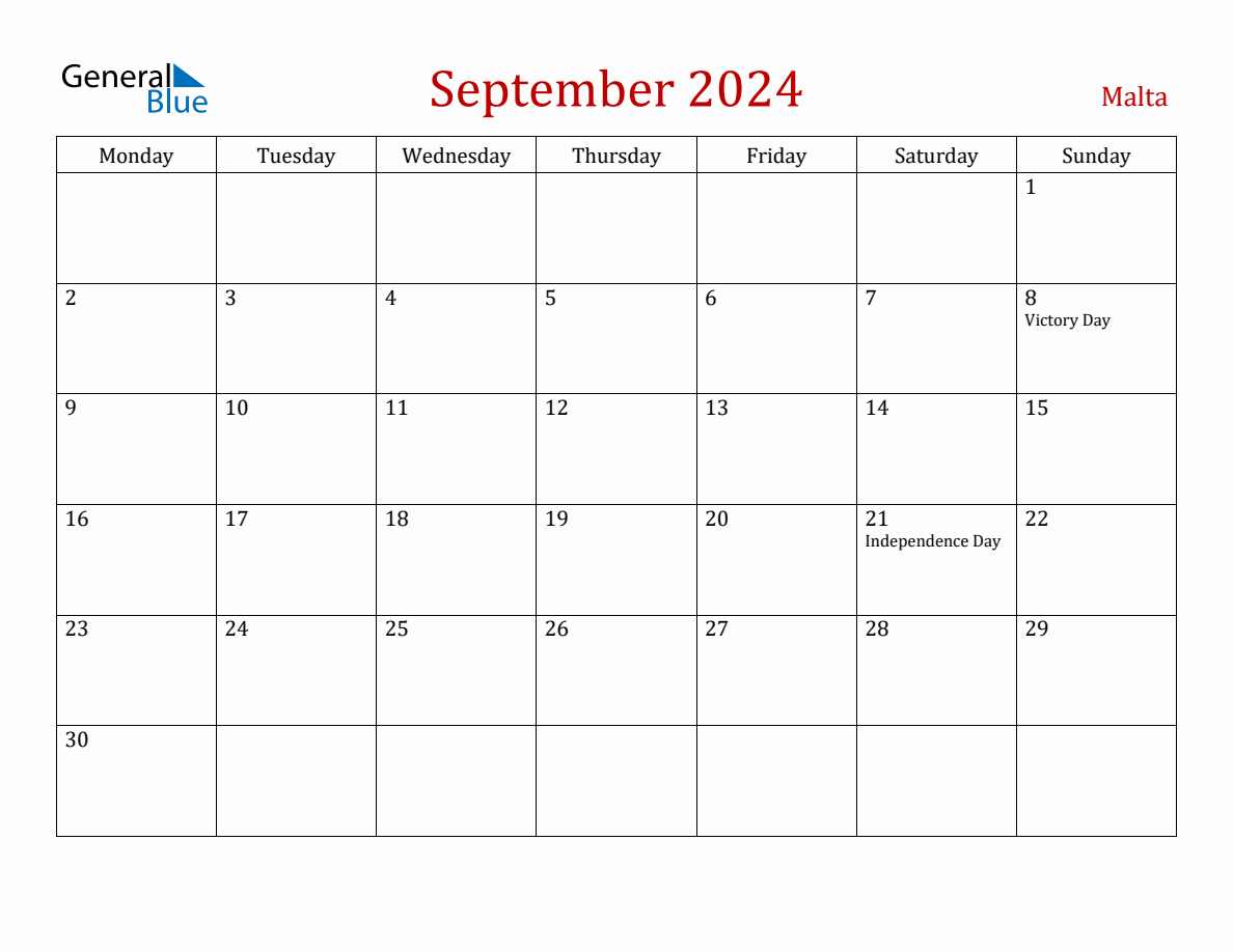 September 2024 Malta Monthly Calendar with Holidays