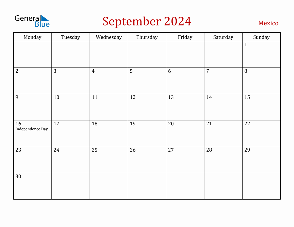 September 2024 Mexico Monthly Calendar with Holidays