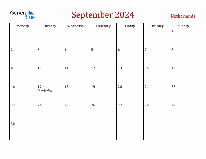 The Netherlands September 2024 Calendar - Monday Start