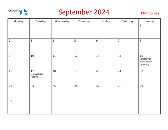 Philippines September 2024 Calendar - Monday Start