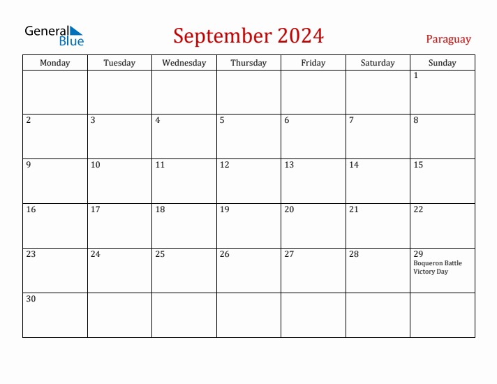 Paraguay September 2024 Calendar - Monday Start