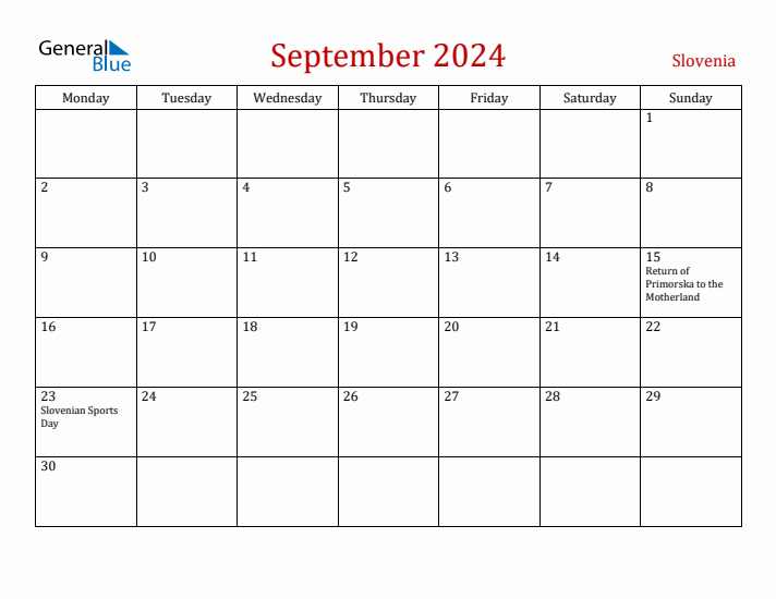 Slovenia September 2024 Calendar - Monday Start