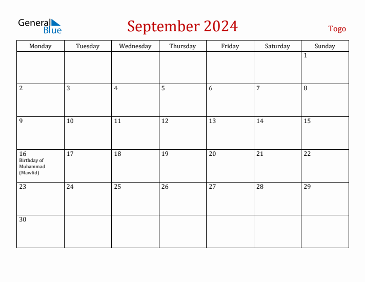 Togo September 2024 Calendar - Monday Start