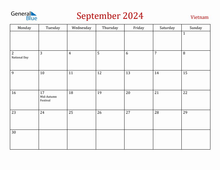 Vietnam September 2024 Calendar - Monday Start