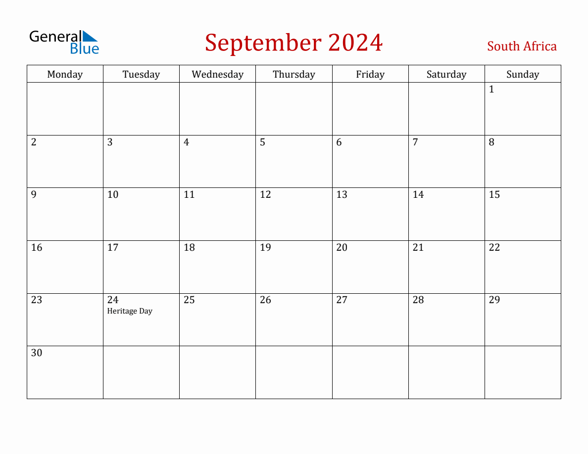 September 2024 South Africa Monthly Calendar with Holidays