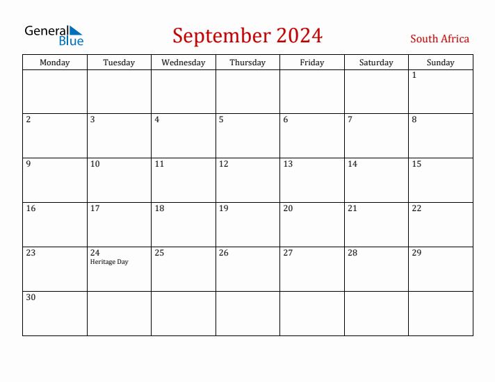 South Africa September 2024 Calendar - Monday Start