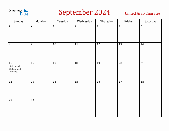 September 2024 United Arab Emirates Monthly Calendar with Holidays