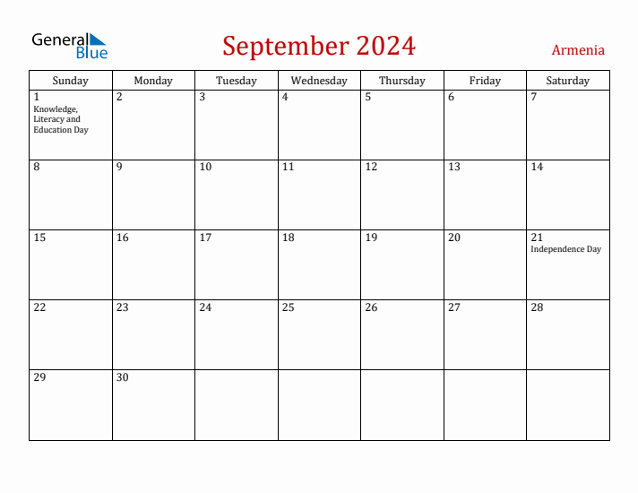 Armenia September 2024 Calendar - Sunday Start