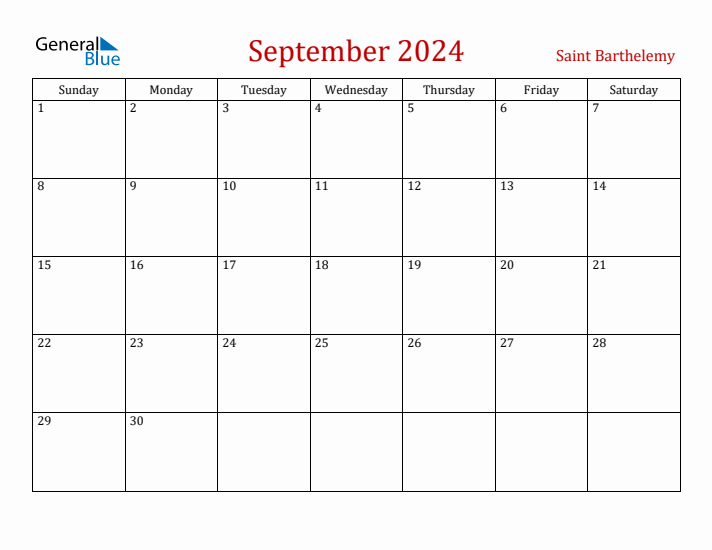 Saint Barthelemy September 2024 Calendar - Sunday Start