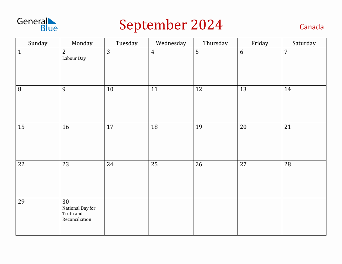 September 2024 Canada Monthly Calendar with Holidays