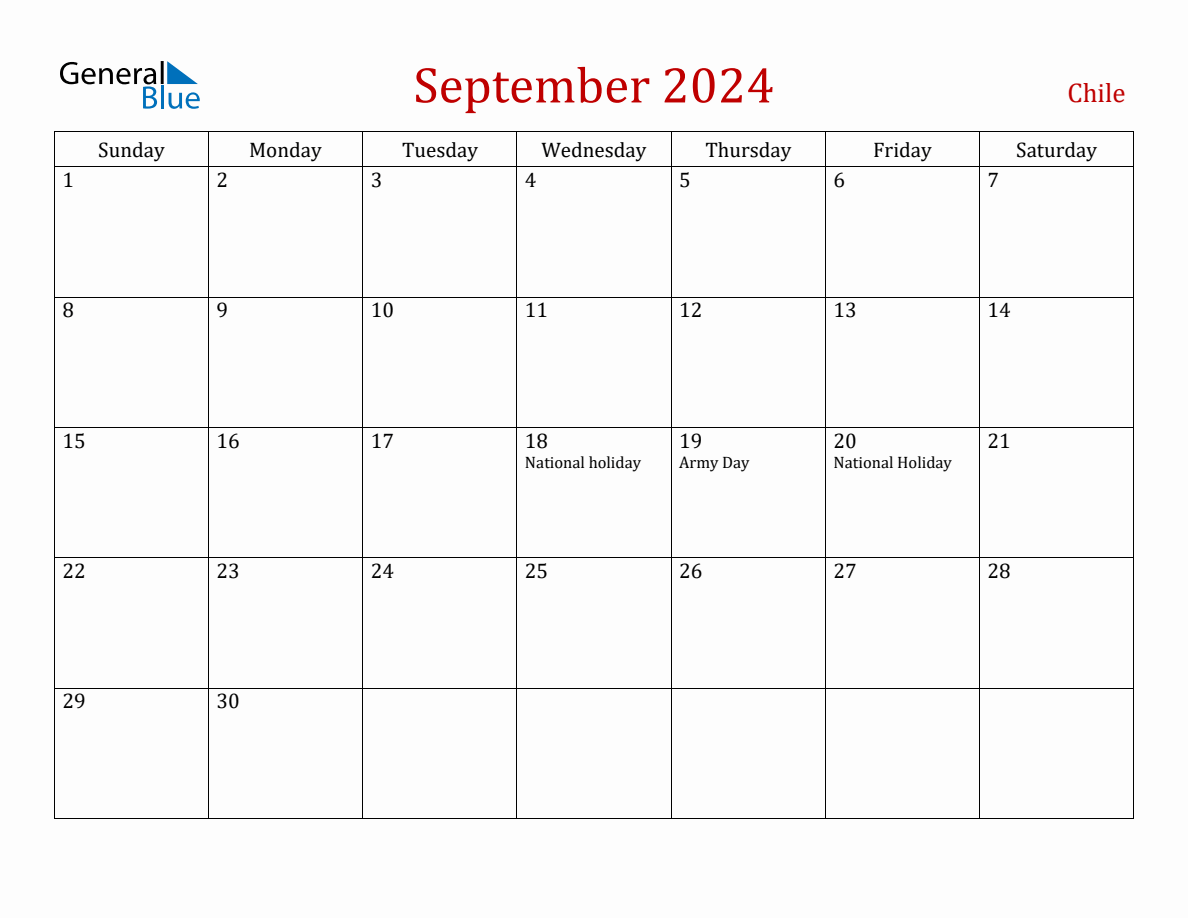 September 2024 Chile Monthly Calendar with Holidays