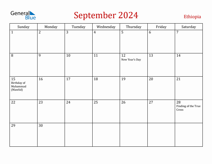 Ethiopia September 2024 Calendar - Sunday Start