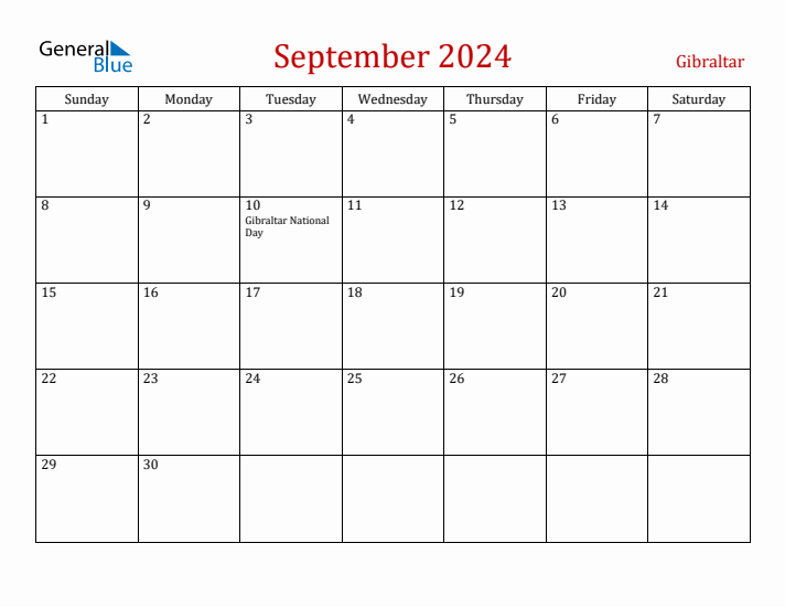 Gibraltar September 2024 Calendar - Sunday Start