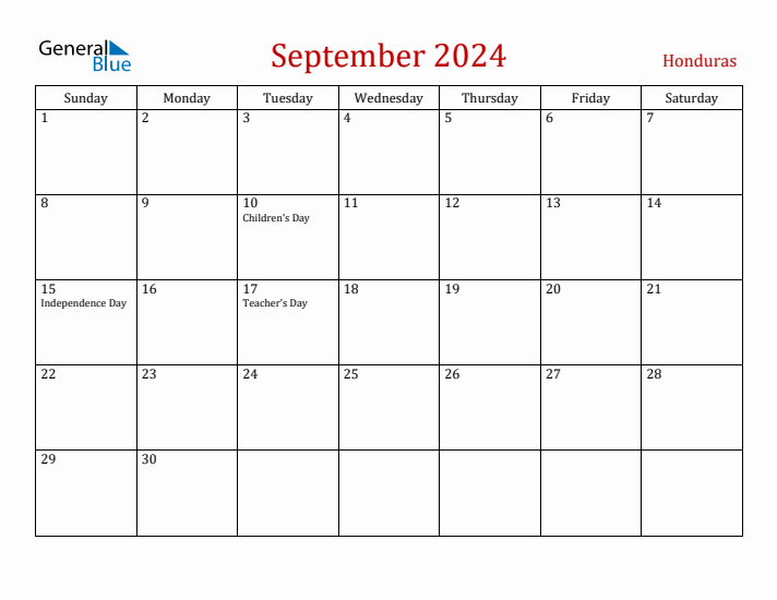 Honduras September 2024 Calendar - Sunday Start