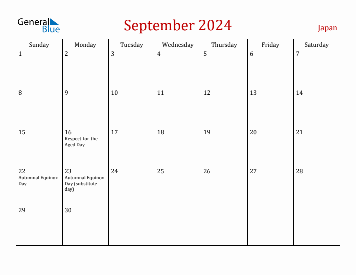 September 2024 Monthly Calendar with Japan Holidays