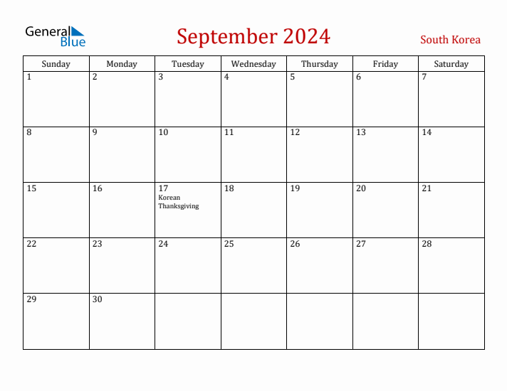South Korea September 2024 Calendar - Sunday Start