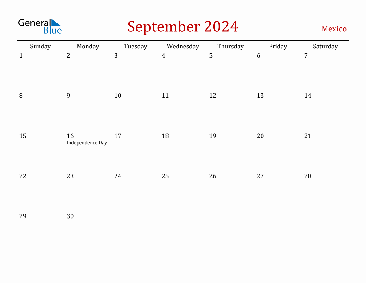 September 2024 Mexico Monthly Calendar with Holidays