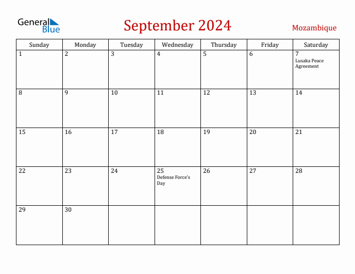 Mozambique September 2024 Calendar - Sunday Start