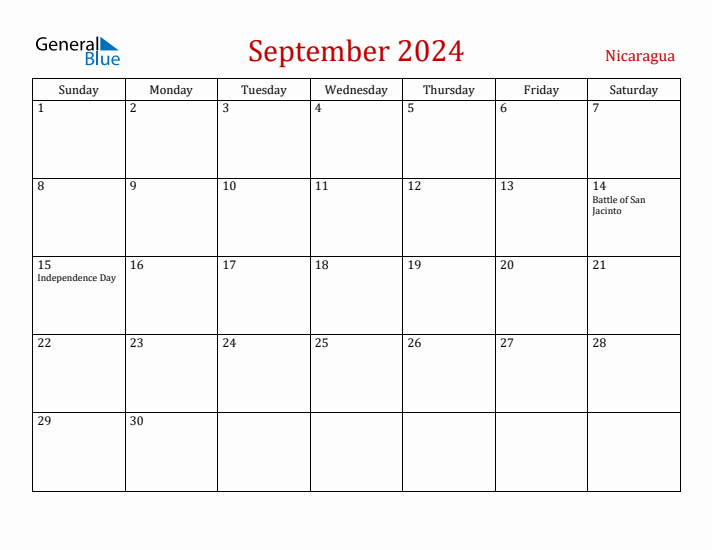Nicaragua September 2024 Calendar - Sunday Start