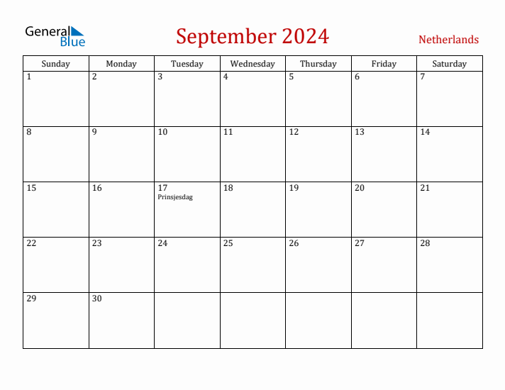 The Netherlands September 2024 Calendar - Sunday Start
