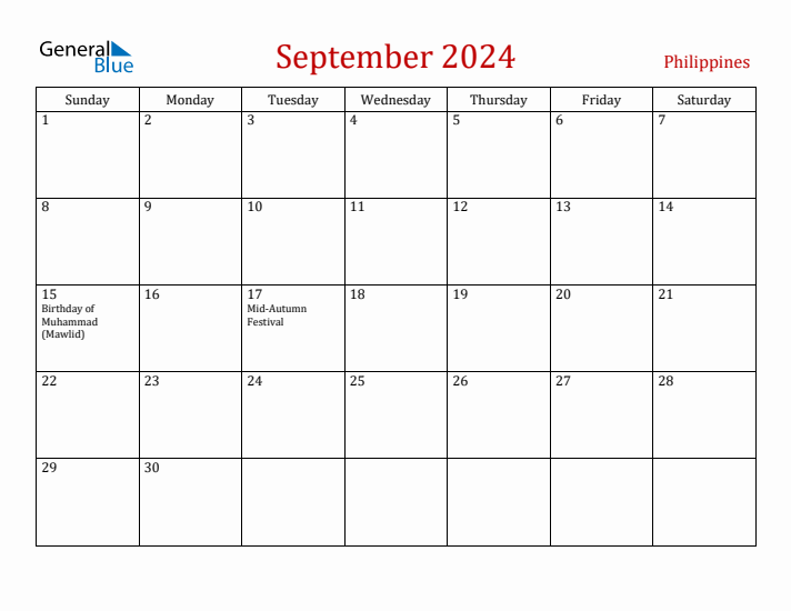 Philippines September 2024 Calendar - Sunday Start