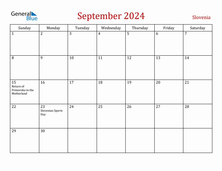Slovenia September 2024 Calendar - Sunday Start