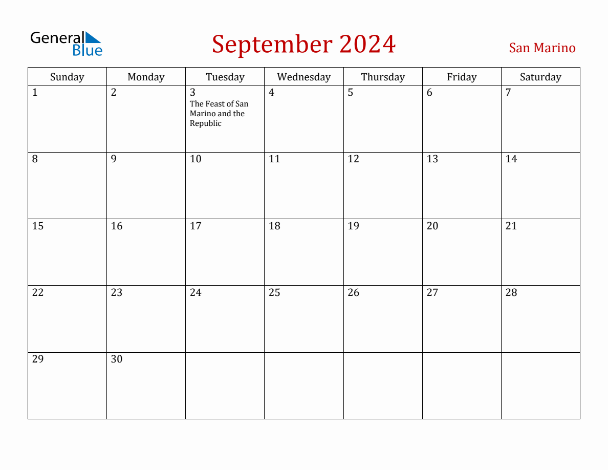 September 2024 San Marino Monthly Calendar with Holidays