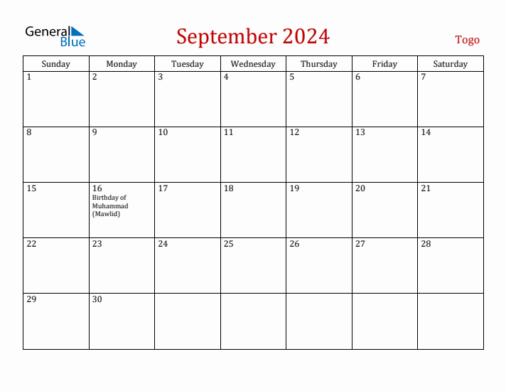 Togo September 2024 Calendar - Sunday Start