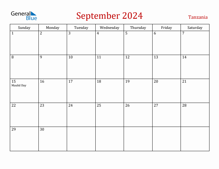Tanzania September 2024 Calendar - Sunday Start