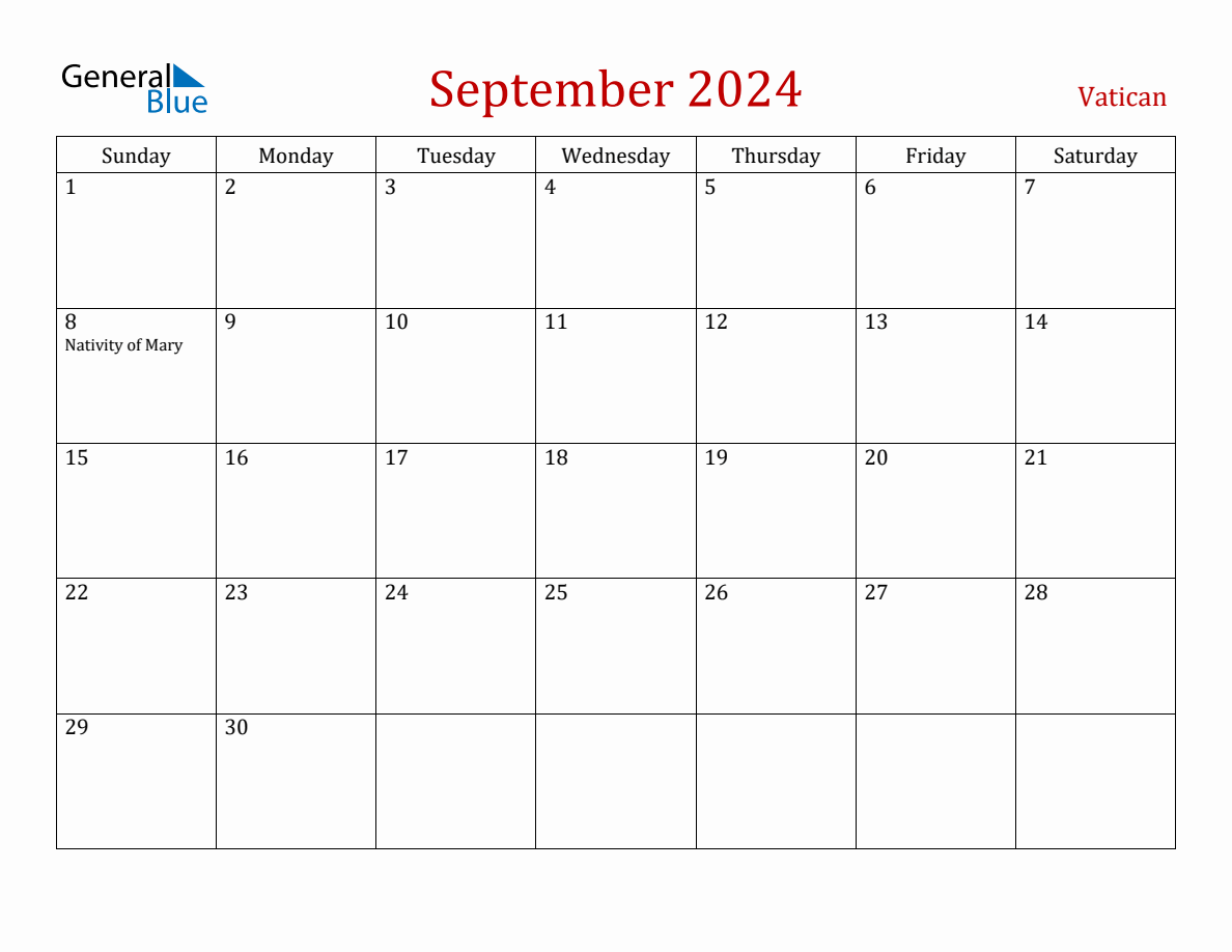 September 2024 Vatican Monthly Calendar with Holidays