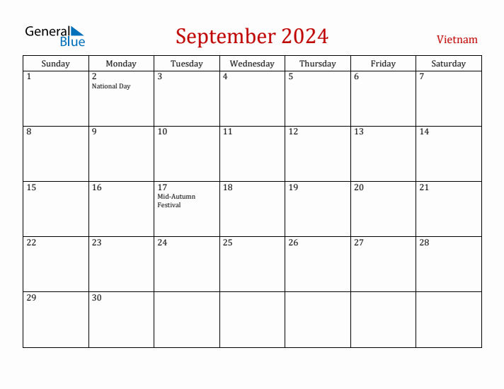 Vietnam September 2024 Calendar - Sunday Start