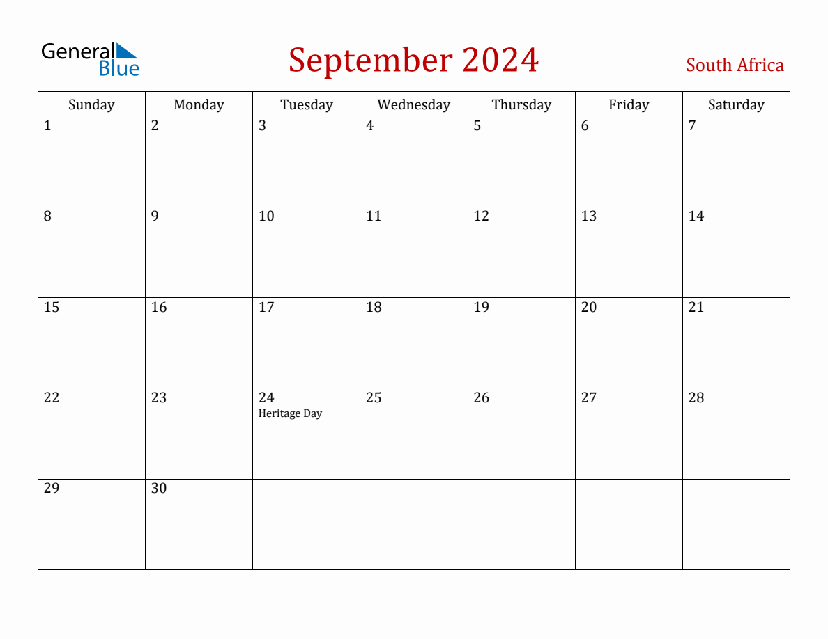 September 2024 South Africa Monthly Calendar with Holidays