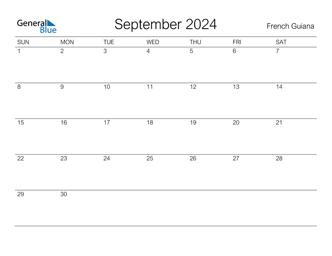 Printable September 2024 Calendar for French Guiana