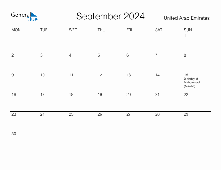 Printable September 2024 Calendar for United Arab Emirates