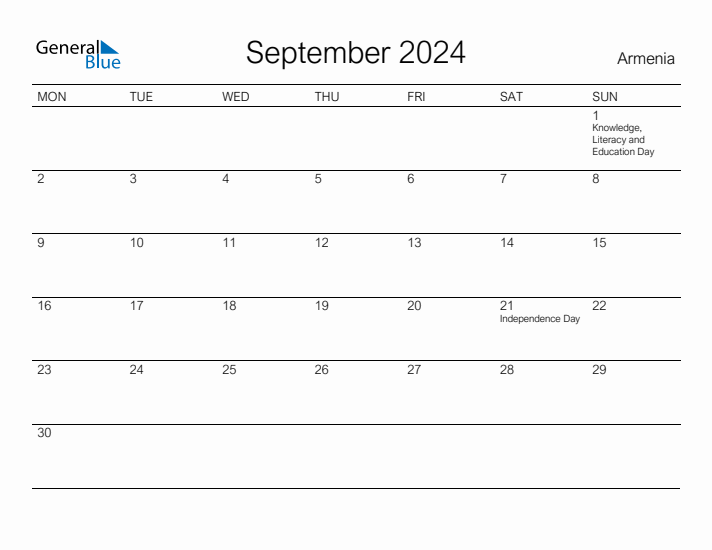 Printable September 2024 Calendar for Armenia
