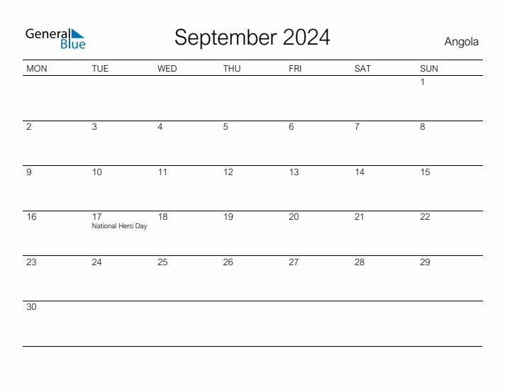 Printable September 2024 Calendar for Angola