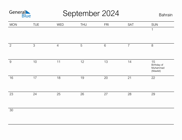 Printable September 2024 Calendar for Bahrain