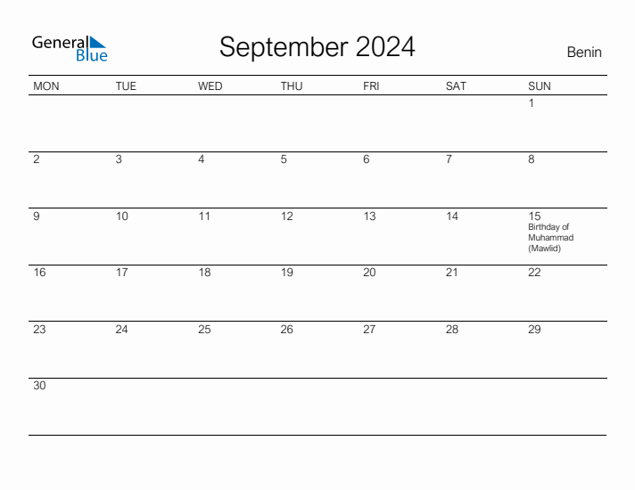 Printable September 2024 Calendar for Benin