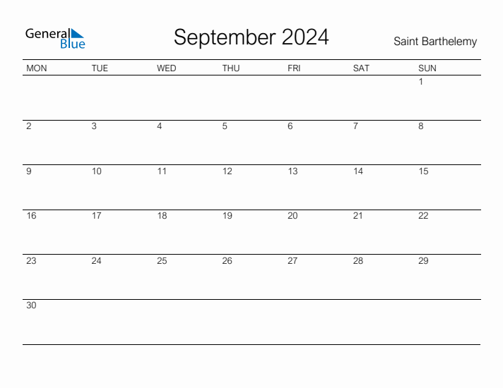 Printable September 2024 Calendar for Saint Barthelemy