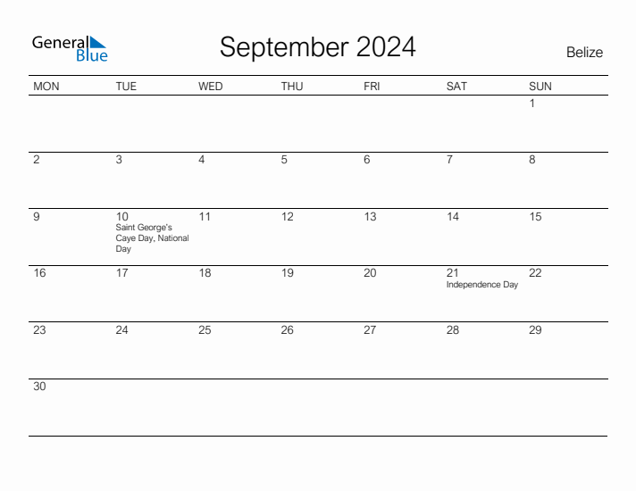 September 2024 Belize Monthly Calendar with Holidays