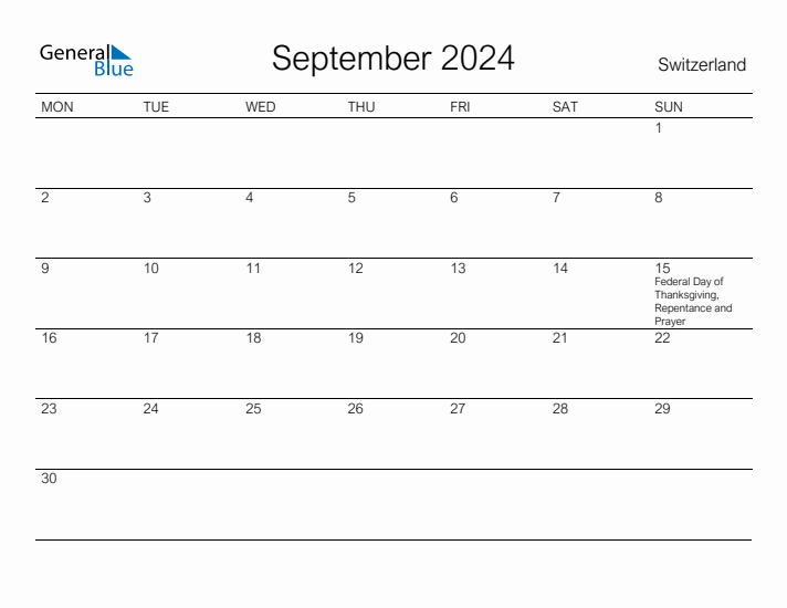 Printable September 2024 Calendar for Switzerland