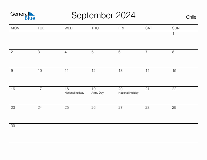 Printable September 2024 Calendar for Chile