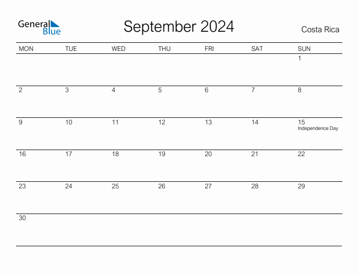 Printable September 2024 Monthly Calendar with Holidays for Costa Rica